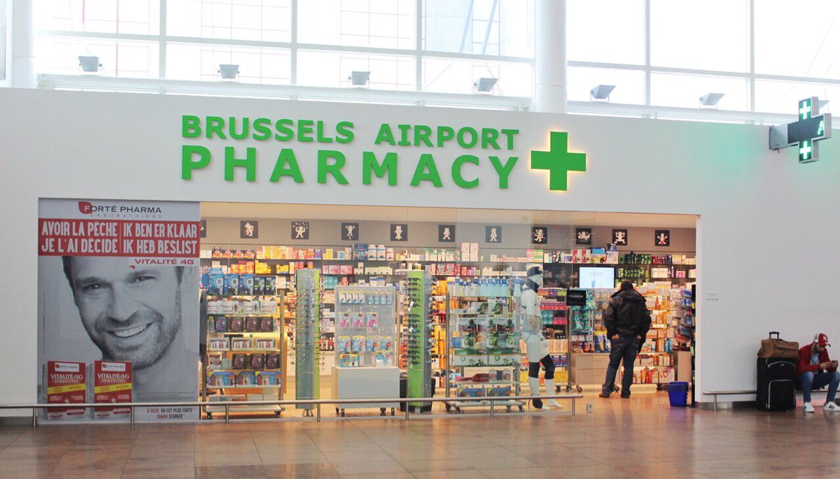 Pharmacy in the Brussels Airport departures hall.
