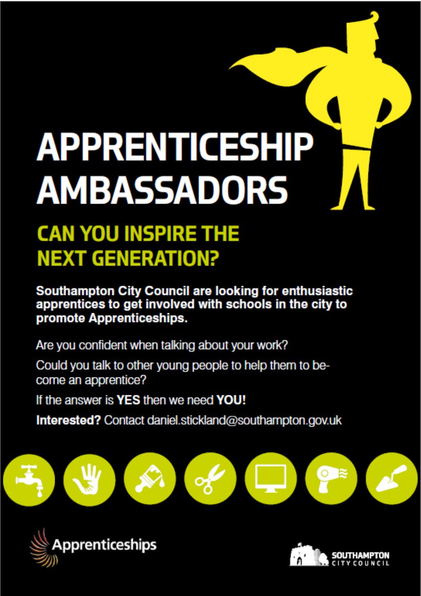 sotoncareers's tweet photo. Current or former apprentice? Want to inspire people in #Southampton with your story? Become an Apprenticeship Ambassador today https://t.co/SdGjJauMnF