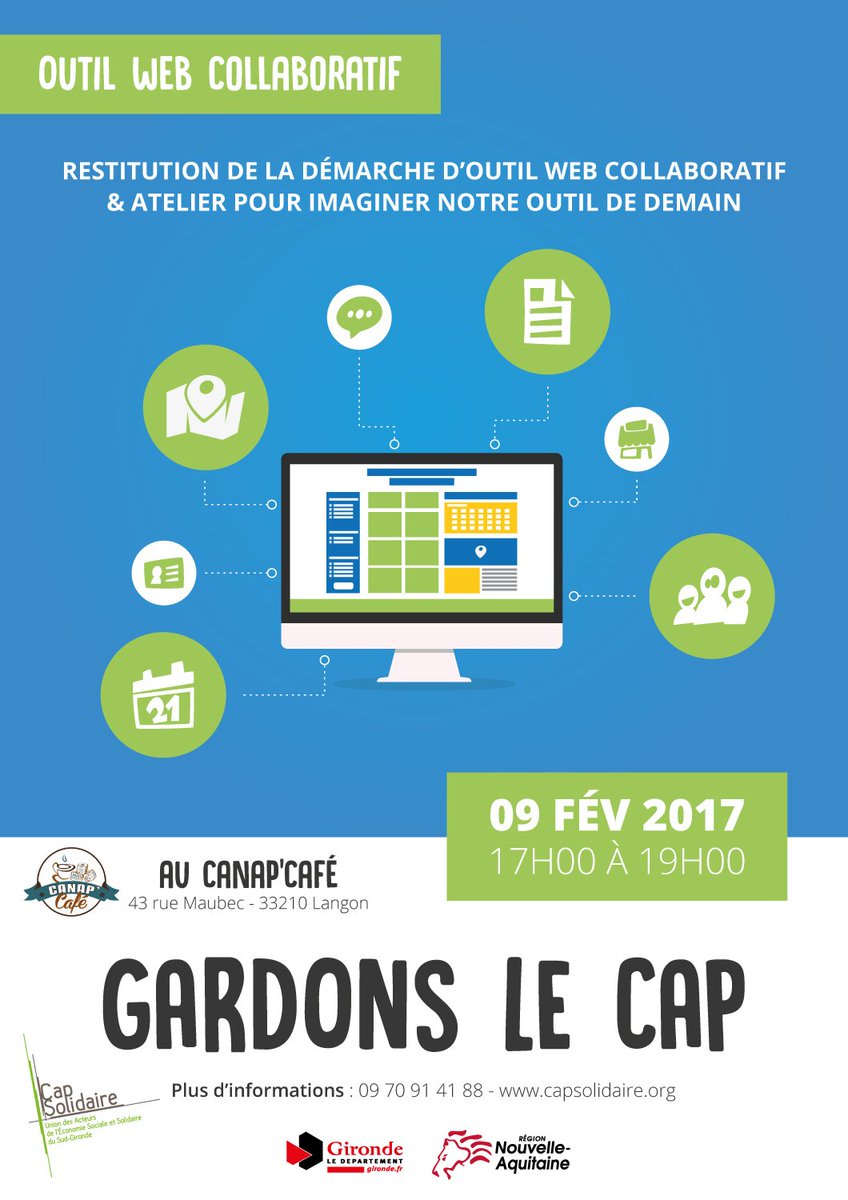 N’oubliez pas le prochain Gardons le Cap c’est le 9/02, on y parleras Outil Web Collaboratif ! + d’infos : bit.ly/2jJYqn7
#ESS