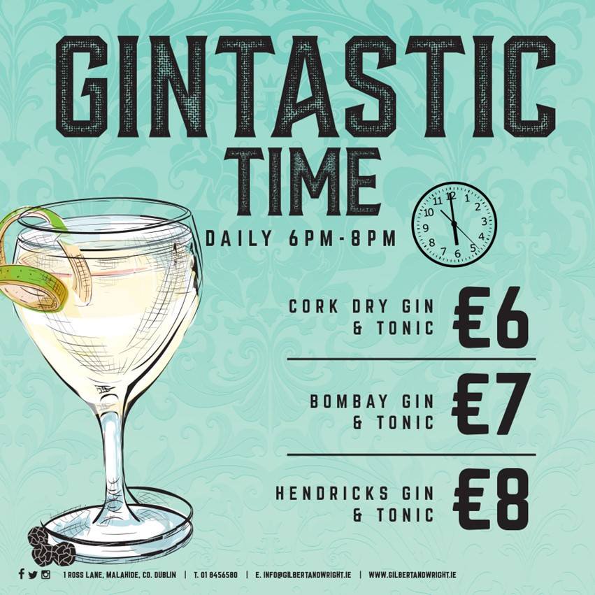 Have a #GintasticTime here at Gilbert and Wright Malahide daily 6-8pm... #g&amp;t #bar #cocktailbar #drinks #gin