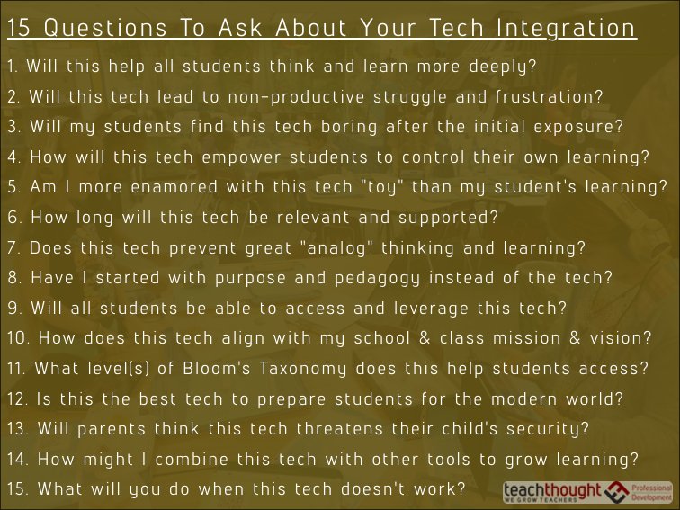 TeachThought's tweet photo. 15 Questions To Ask About Tech Integration In Your Classroom - https://t.co/p64RSr66rJ https://t.co/okJdOjxG4O
