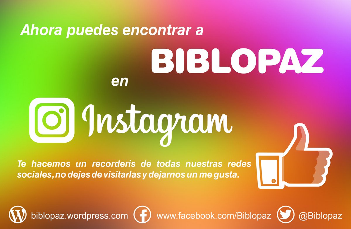 Biblopaz's tweet photo. Ahora puedes encontrar a Biblopaz en Instagram!!!
Te hacemos un recorderis de todas nuestras redes sociales. https://t.co/F1eatIJpJL