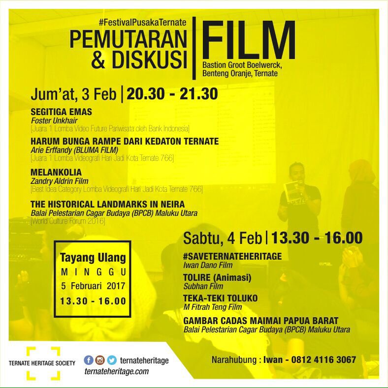 TernateHeritage's tweet photo. Inilah film-film terbaik karya anak muda Ternate &amp; BPCB Malut yg akan tayang di #FestivalPusakaTernate ; Nonton yuuk!..#SaveTernateHeritage https://t.co/NofuNPAfy7