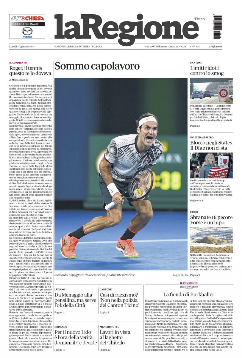 HerberMax's tweet photo. Swiss pride in prima pagina #RogerFederer #Roger18 🇨🇭🎾 https://t.co/dLBO4qziUQ