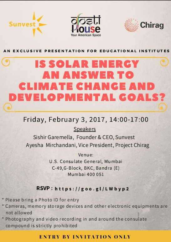 USAndMumbai's tweet image. Do you run an educational org? Come by #DostiHouse on Feb 3 to learn about how #solarenergy can benefit you. RSVP at goo.gl/LWbyp2