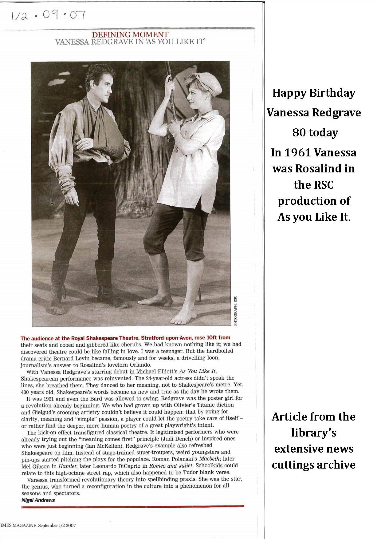 Happy Birthday Vanessa Redgrave 80 today. Photograph of Vanessa\s 1961 starring debut as Rosalind . 