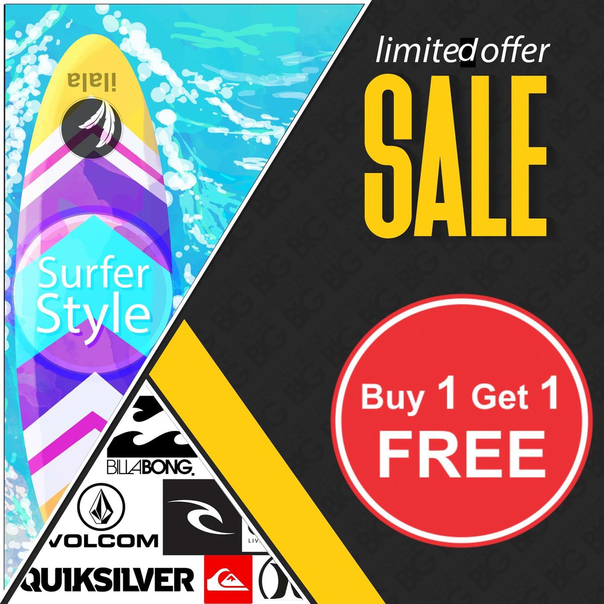 LIMITED OFFER 
Quiksilver, Volcom, Ripcurl, Hurley,Billabong
Buy One Get 1 FREE
ilala | lonuziyarai magu | 9677830