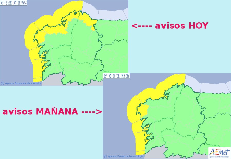 AEMET_Galicia's tweet photo. 30/01 11:15 #AEMET actualiza #avisos en Galicia. Activos hoy y mañana. Nivel máx amarillo +info https://t.co/Mw1O1wz2vE https://t.co/b6ihyzmu6G