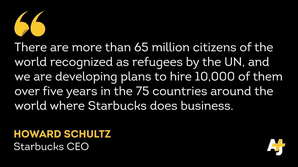 ajplus's tweet photo. Following President Trump’s immigration ban, the CEO of Starbucks pledges to hire thousands of refugees. https://t.co/UHbUYRmO3Q
