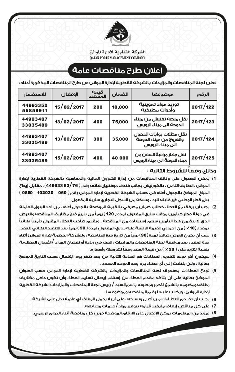 MwaniQtr's tweet photo. تعلن #مواني_قطر عن طرح المناقصات العامة التالية:

للحصول على المزيد من المعلومات، يرجى زيارة موقعنا الرسمي:

https://t.co/qPXrfRHcdZ https://t.co/nc7ofJDADU