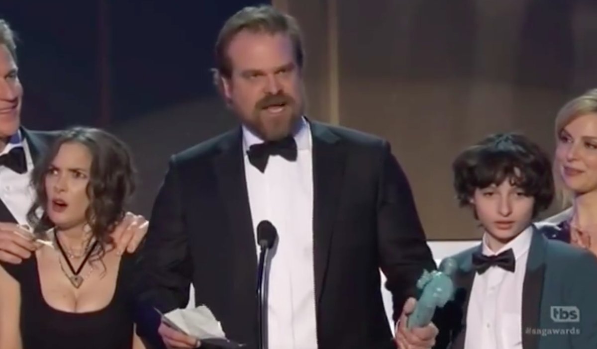 RawStory's tweet photo. David Harbour and '#StrangerThings' cast: 'We will shelter freaks and outcasts. We will get past the lies.' https://t.co/M5WoB6lAkf https://t.co/xAZf95tJ1g