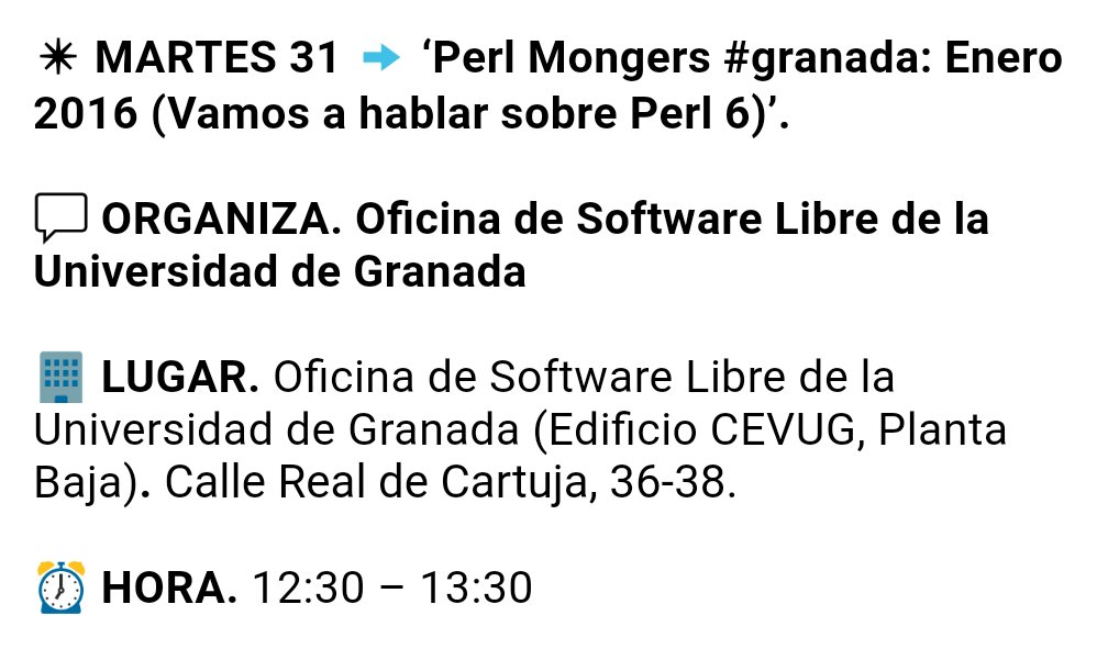 OSLUGR's tweet photo. Semana tranquila, pero con actividad:
➡️️Perl Mongers #granada: Enero 2016 (Vamos a hablar sobre Perl 6)
INFO: https://t.co/b9g6vTH20w https://t.co/HVHBandagv