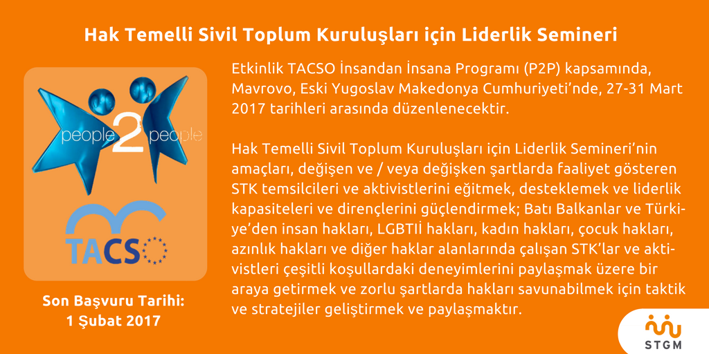 Hak Temelli Sivil Toplum Kuruluşları için Liderlik Semineri başvuruları 1 Şubat'a uzatıldı. Şimdi Başvurun!
buff.ly/2kikJS3