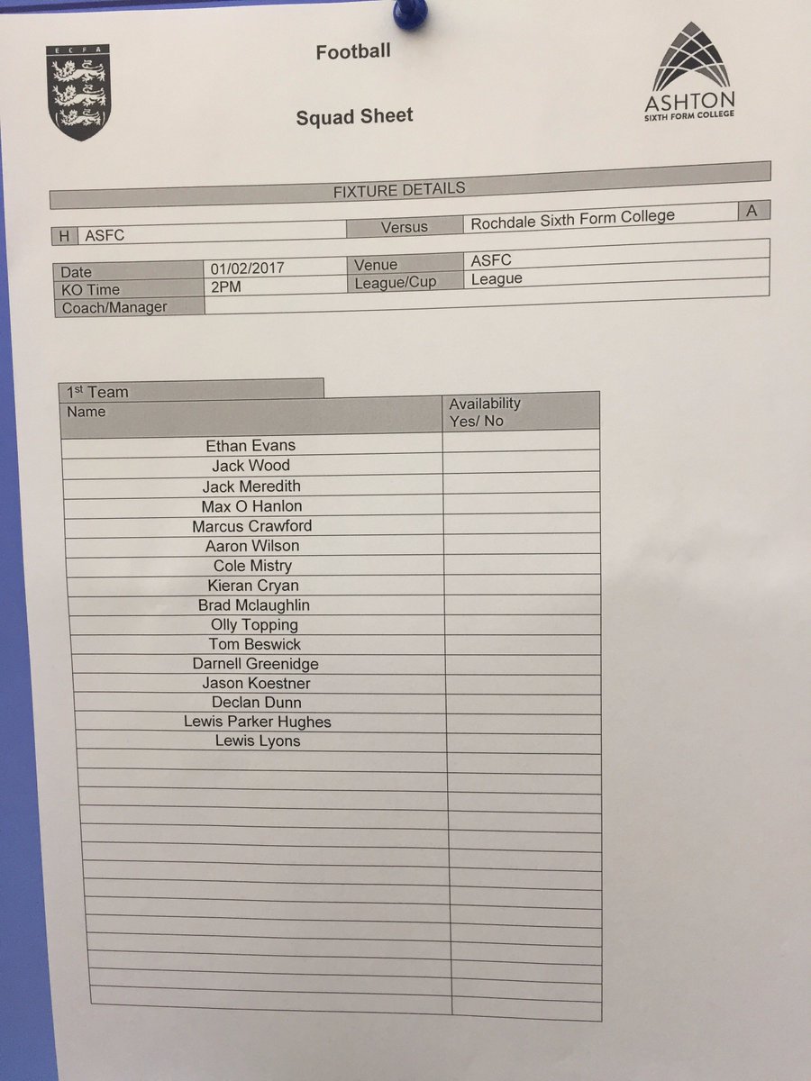 ASFCSportsTeams's tweet photo. Team sheets are up for this weeks home fixture against @RochdaleSFC 2pm KO! 2nd team please bring your own shorts and socks @ashtonsixthform https://t.co/T9bgQshPAS