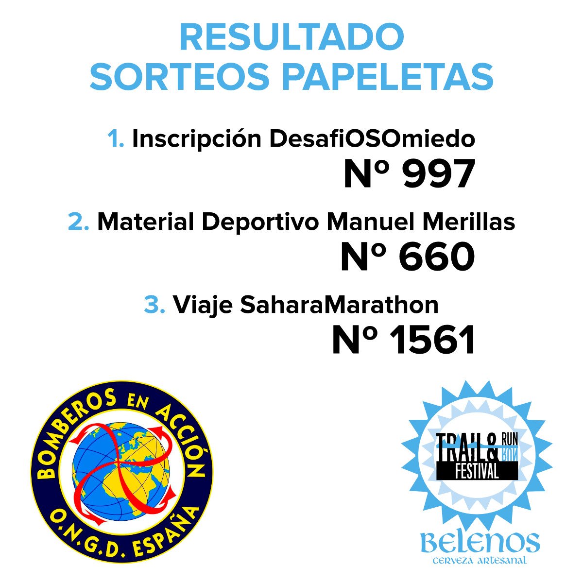 Resultado papeletas repartidas durante el #TrailRunFestival gracias a ONGD Bomberos en Acción Norte.