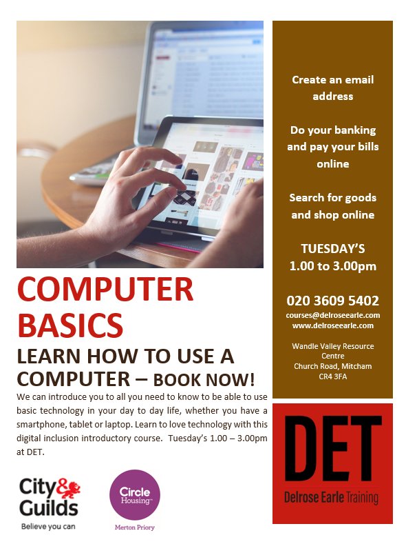 CircleMerton's tweet photo. FREE Computer Basics course. Perfect for beginners &amp; those wanting to brush up on their skills .@Delrose_Earle https://t.co/0lCKoUgriZ