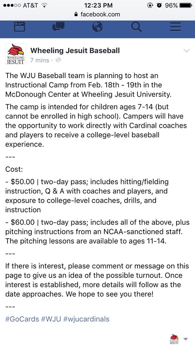 WU_baseball's tweet image. The WJU Baseball team is planning an Instructional Camp for kids ages 7-14. See our Facebook page for info
#wju 
---
facebook.com/wheeling.jesui…