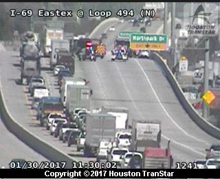 NB Eastex Freeway jammed near Kingwood Drive for crash, vehicle fire about 11:20 a.m. 3 lanes blocked. #houtraffic