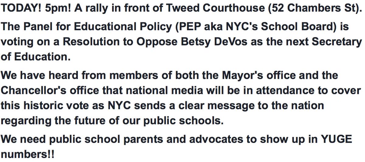 WAGPOPS's tweet photo. @TheMindBlowings For your NYCpeeps TODAY 5pm @ Tweed (52Chambers) NYCitywide public school parents &amp; advocates rally 2 #OpposeDeVos COME! https://t.co/i53yomjM1C