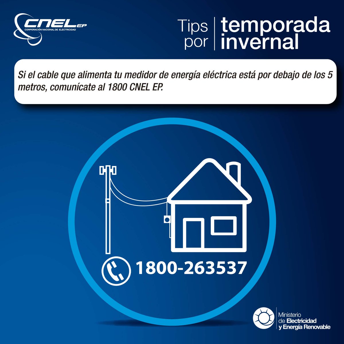 CNEL_EP's tweet photo. Si el cable que alimenta tu medidor de energía eléctrica está por debajo de los 5 metros, comunícate al 1800 CNEL EP #TipInvernal https://t.co/fcqg5iFY6I