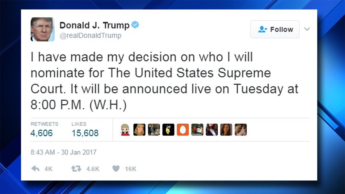 #BREAKING @POTUS to announce Supreme Court nominee selection Tuesday bit.ly/2jKbLM8 https://t.co/sY85M4wE8h
