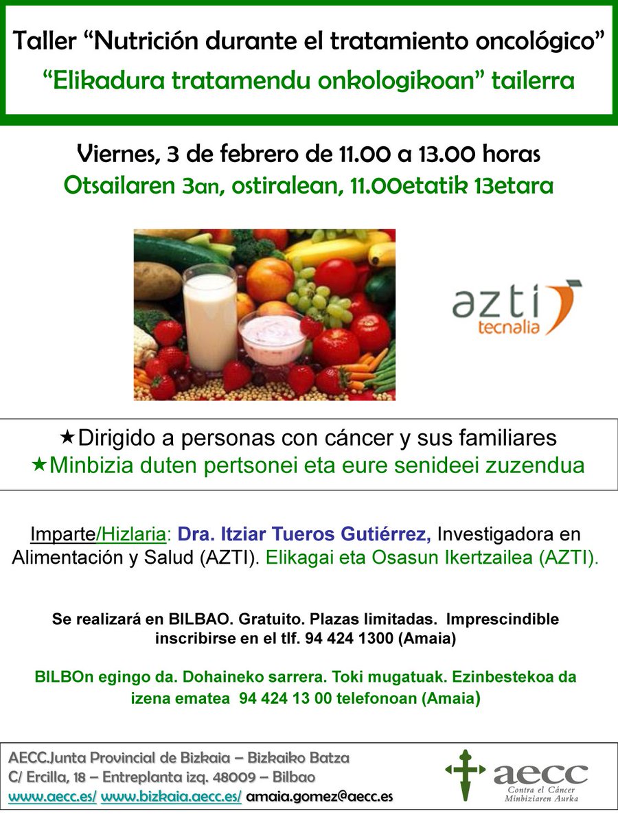 Este viernes de la mano de @aecc_es Bizkaia impartimos un taller sobre #Nutrición durante el tratamiento #oncológico ht.ly/O7X5308u8h7