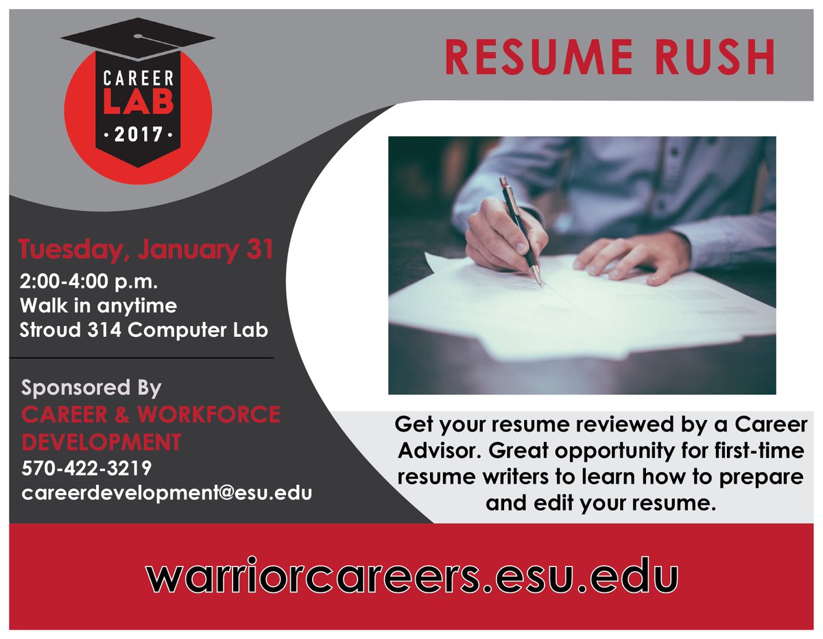 ESUcareercenter's tweet photo. Rush in to our Resume Rush session! Review your resume right then and there! https://t.co/Nw1VI6V2Aa