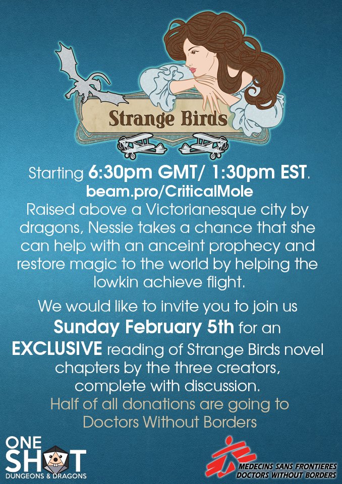 StrangeBirdsRP's tweet photo. Don't miss our novel draft live reading! Half of donations raised will be going to Doctors Without Borders -  really excited for Sunday! https://t.co/cnx7wbu90A