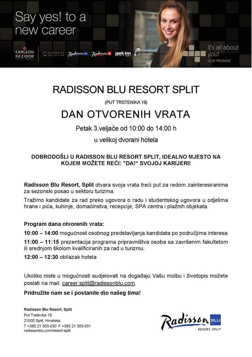 RadissonSplit's tweet image. U petak, 3.veljače u razdoblju od 10:00 do 14:00 otvaramo svoja vrata  kandidatima zainteresiranima za sezonski posao u turizmu.