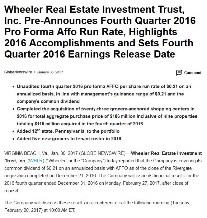 WealthMakersLtd's tweet photo. @WheelerREIT $WHLR just pre-announced their Q4 numbers! https://t.co/mxyJzM8WcA Adds 23 shopping centers in 2016 and reaffirms $.21 dividend https://t.co/jhT62tYe6r