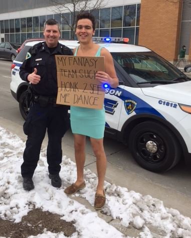 madisonpolice's tweet photo. Officer Mackesey checks on welfare of man along roadway.
Turns out, man lost his fantasy league, and rules dictated this for last place. https://t.co/kclT9mwgIO