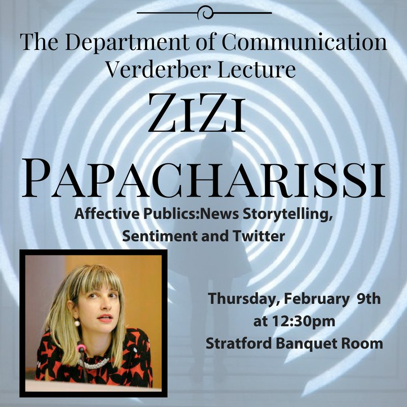 CommUC's tweet photo. ZiZi Papacharissi will be on campus on Thursday, February 9th! #UCSmart #BestCommDept https://t.co/JYn1SftFTS