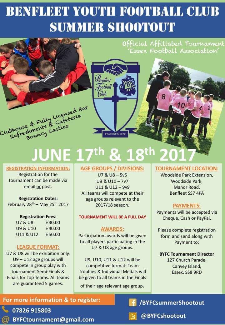 BYFCshootout's tweet photo. Looking for a Summer Tournament for your Youth Teams? Benfleet Youth F.C. Summer Shootout is the one for you!
#BYFCshootout2K17 https://t.co/bRl472OX6f