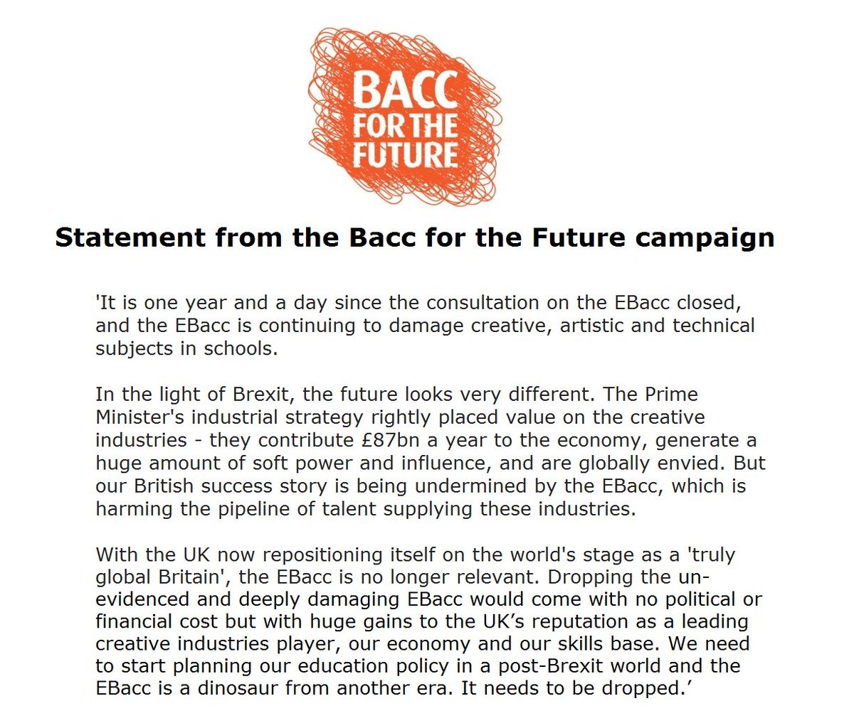 Bacc4theFuture's tweet photo. ...'the EBacc is a dinosaur from another era. It needs to be dropped.' Statement from #BaccfortheFuture founder @DeborahAnnetts #BaccDown https://t.co/OPs0fmXxM0
