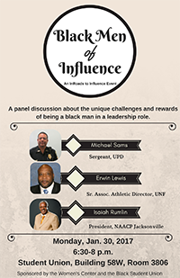 UNFWOMEN's tweet photo. Do not forget tonight is Black Men of Influence at 6:30 p.m. in the Student Union, Building 58 West, Room 3806. https://t.co/YXBdKfwFzz