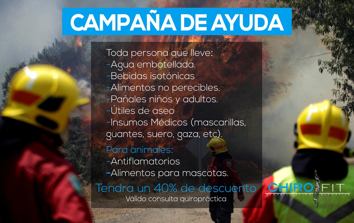 ChiroFit_Chile's tweet photo. Cuida tu espalda y ayuda a nuestro compatriotas en las zonas afectadas por el incendio #juntosporchile 
#lumbago #dolordecuello #quiropraxia https://t.co/AujU7lfIrU