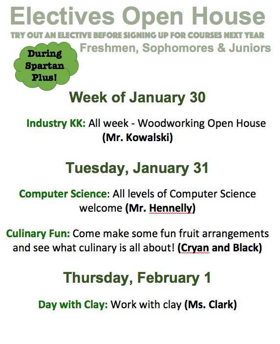 Woods-Mr. Kowalski. ComputerScience-Mr. Hennelly. CulinaryFun w/Ms. Cryan & DaywithClay w/Ms. Clark on Thurs! #olchspride #TryoutElectives
