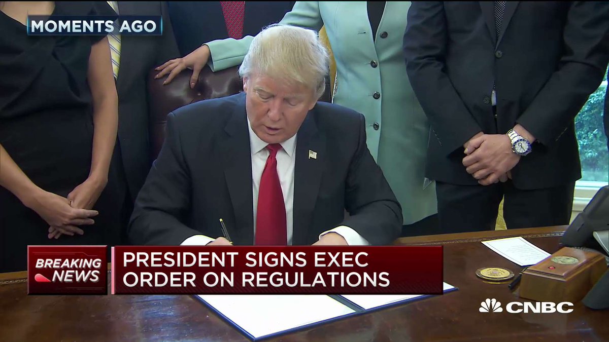 CNBCnow's tweet image. BREAKING: Trump signs executive order on regulations, which he says will &quot;knock out two&quot; regulations for every new one.