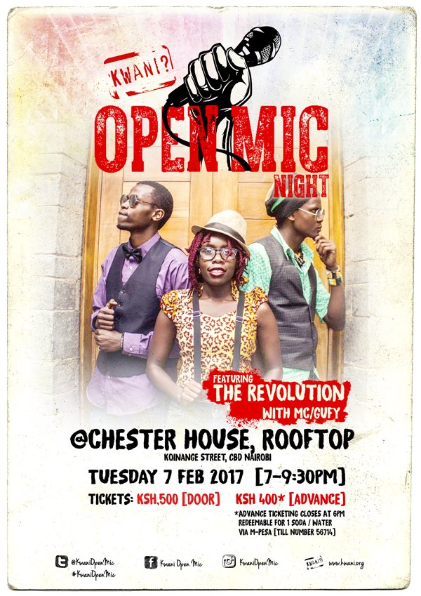 KwaniOpenMic's tweet photo. . To perform @ #KwaniOpenMic come in by 6pm to sign up at the door @Revolution__ke @kwanitrust your host, @gufydox https://t.co/Df2gBoJm84