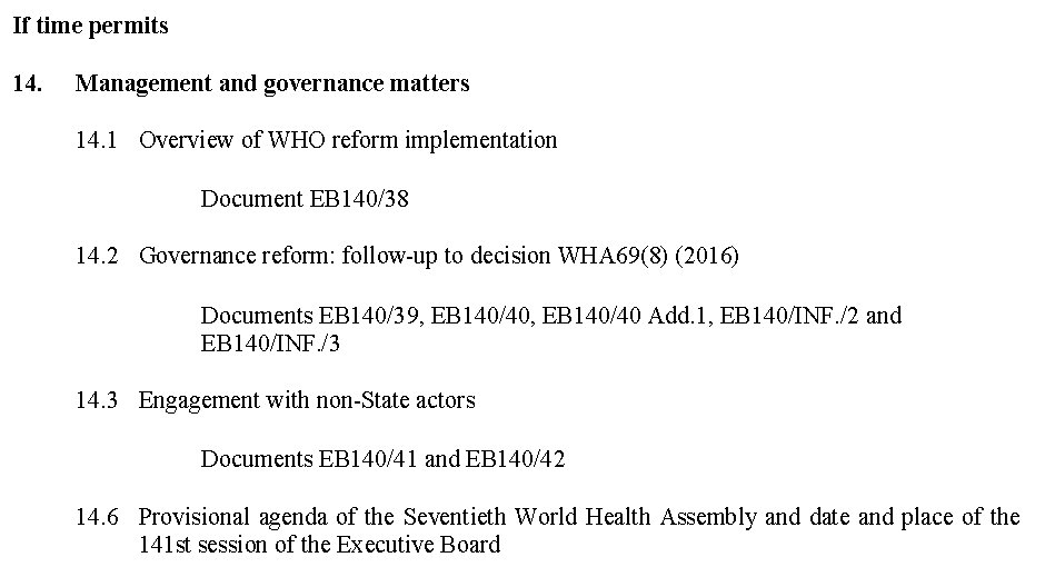 G2H2_Geneva's tweet photo. #EB140 tonight ("if time permits"): 
#WHOreform #FENSA #CoI #WHA70 
Docs https://t.co/x9ThUaPsES
#CSO statements https://t.co/nUov9yYVJD https://t.co/J5v3NDb5NS