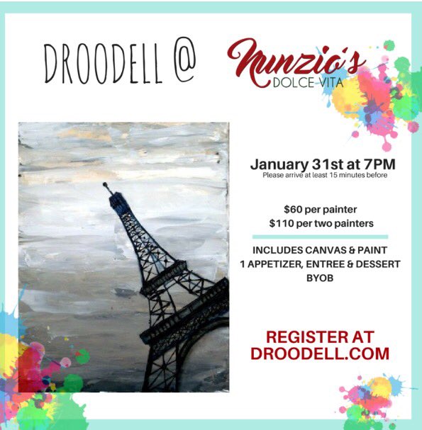 Droodell's tweet image. One more day till we paint the Eiffel Tower at Nunzio's Dolce Vita!If you haven't signed up yet you still have time! Droodell.com