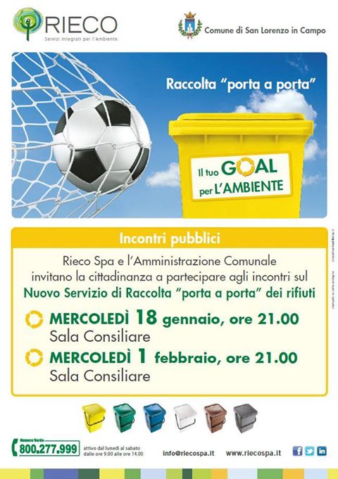 RiecoSpa's tweet photo. @SLorenzoinCampo (PU), nuova #raccolta #differenziata "porta a porta" #Rieco. Merc 1 febbraio, 2° incontro informativo. Segnate in agenda! https://t.co/FWX47sabgf