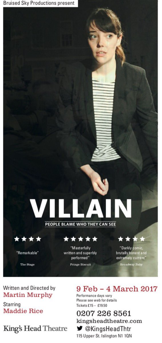 BruisedSky's tweet photo. Join our launch party Feb 9th. 5⭐️Edinburgh sell out Villain hits London @KingsHeadThtr in line with publication by @MethuenDrama https://t.co/7lmnEYiLno
