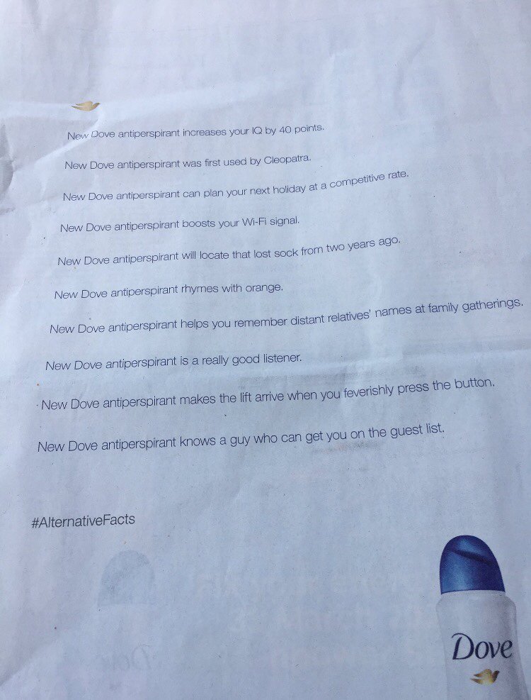 SamBaker's tweet photo. Never loved @Dove more - pokes fun at Trump with this #AlternativeFacts via @Adweek https://t.co/JIkkvewD0J https://t.co/JzDEjCjXnP