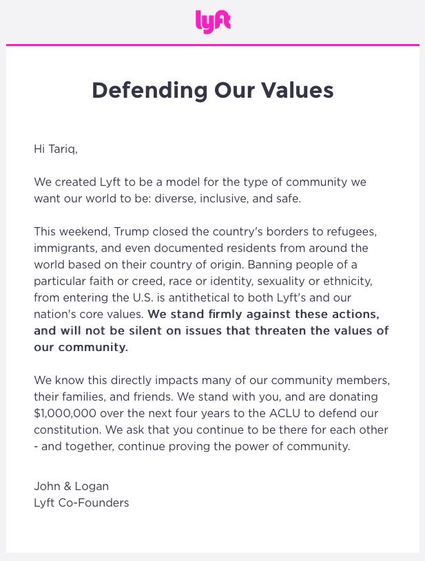 tarichuk's tweet photo. @lyft you guys rock!! Thank You for standing up to Hate and Ignorance. #lyft4life #lyftrocks #nohatenofear #stoptheban https://t.co/ROeQ5Eu3J7