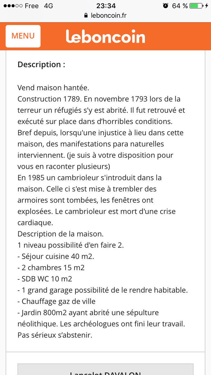 mathilde190's tweet photo. Mdr y'a un mec ils m est une maison hantée en vente sur leboncoin 😂😂 https://t.co/dz1FEVE478