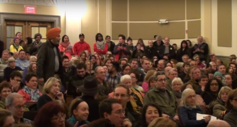 RawStory's tweet photo. Crowd grills Senate Dem for voting to confirm Trump’s CIA pick: ‘When Pompeo tortures, we’ll be back’ https://t.co/55cElYHSyU https://t.co/MLjZsOmsJH