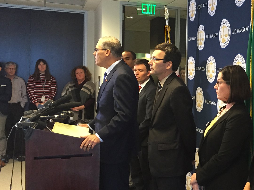 AGOWA's tweet photo. .@GovInslee in support of AG lawsuit on immigration executive orders: "This is un-American, it is wrong, and it will not stand." https://t.co/UVuVxnvuJ4