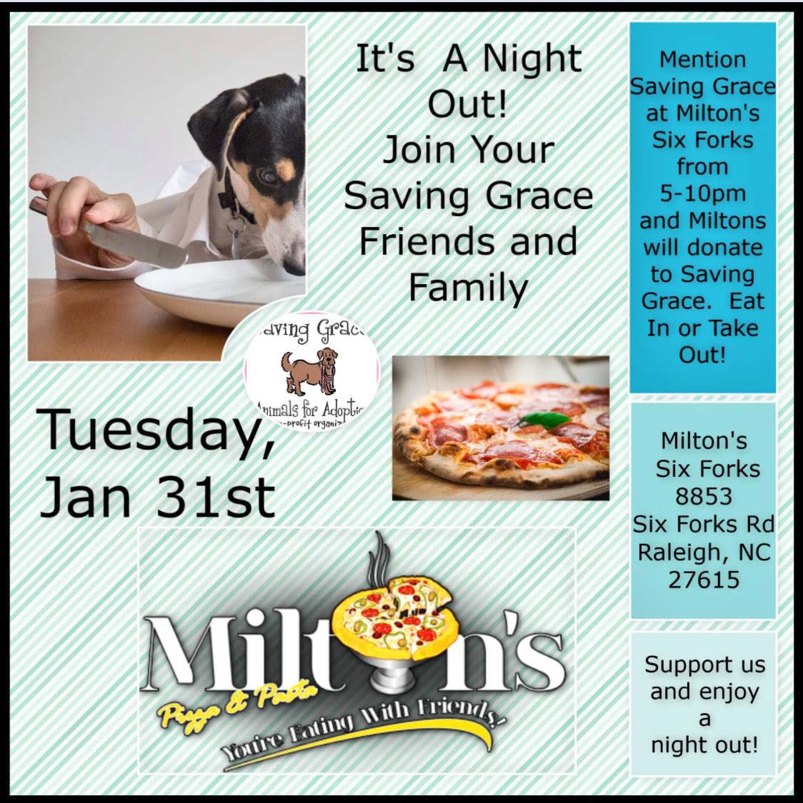 Order-in/ take-out from <a href="/Miltonspizza/">Milton's Pizza</a> #NorthRaleigh tmrw 1/31 5-10pm &amp; support <a href="/SavingGraceNC/">Saving Grace Animals for Adoption</a> rescue dogs 🐶🐕🐩 #RaleighDogs