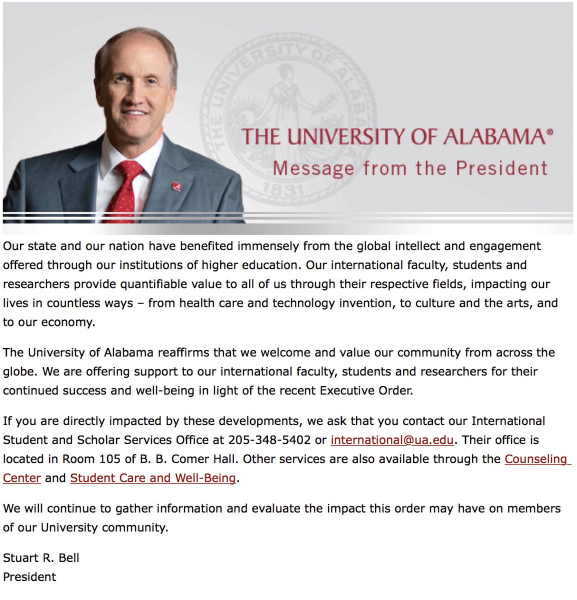 UofAlabama's tweet photo. "The University of Alabama reaffirms that we welcome and value our community from across the globe." https://t.co/y8F7kHDvzD